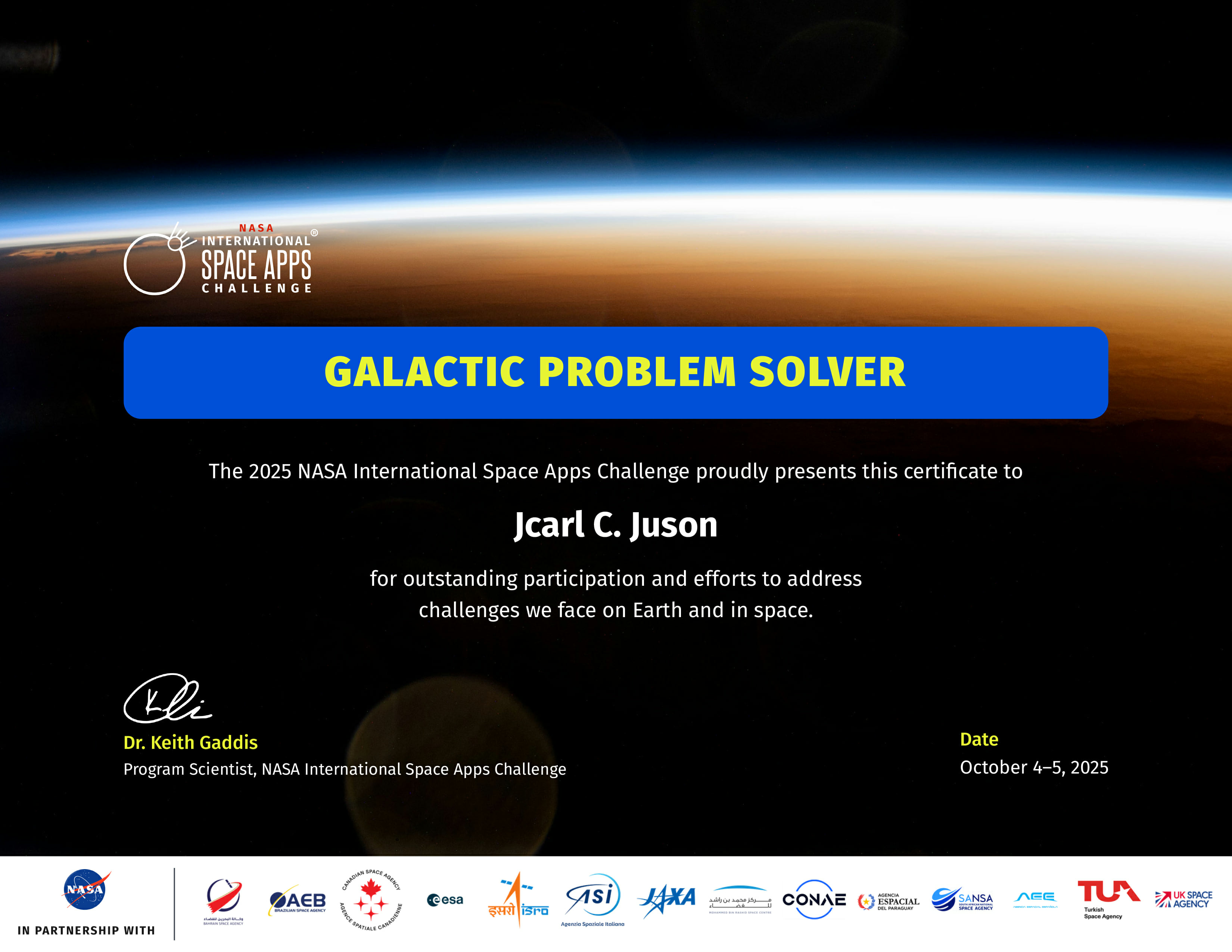 NASA Space Apps Global Nominee certificate